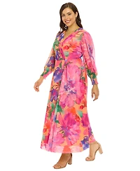 London Times Plus Printed Blouson-Sleeve Maxi Dress