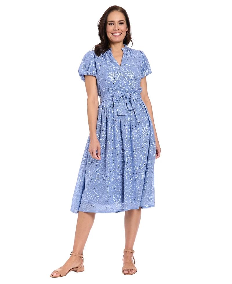 London Times Plus Short-Sleeve Notch Neck Midi Dress