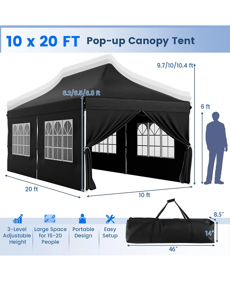 Gymax 10 x 20 Ft Canopy w/ 6 Detachable Sidewalls Carrying Bag UPF50+ Sun Protection