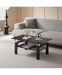 Rainsken Rectangle 2-Tier Glass Coffee Table, Modern Small Center Table with Storage and Metal Legs for Living Room