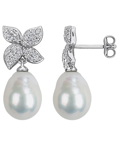 Macy's Cultured Freshwater Pearl & White Topaz (5/8 ct t.w.) Drop Earrings in Sterling Silver