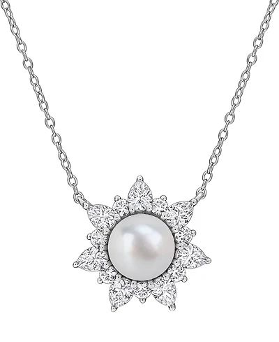Macy's Cultured Freshwater Pearl & Created White Sapphire (2 ct. t.w.) Pendant Necklace in Sterling Silver