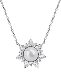 Macy's Cultured Freshwater Pearl & Created White Sapphire (2 ct. t.w.) Pendant Necklace in Sterling Silver