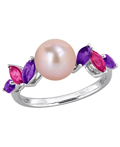 Macy's Cultured Freshwater Pearl, Pink Amethyst (5/8 ct. t.w.) & Topaz (3/8 Ring Sterling Silver