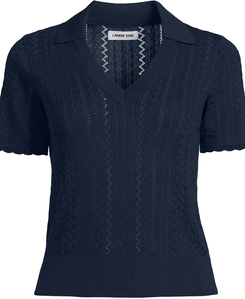 Lands' End Women's Fine Gauge Cotton Pointelle Polo Sweater