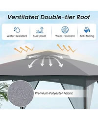 Gymax 10 x 12 Ft Patio Gazebo w/ Netting Walls Soft Top Double Roof Canopy w/ 4 Sandbags