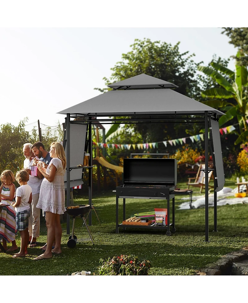 Gymax 13.5' x 4' Patio Bbq Grill Gazebo Side Awnings Shelves 2-Tier Canopy Outdoor