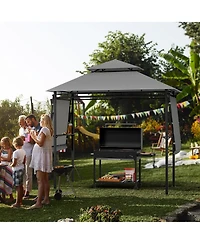 Gymax 13.5' x 4' Patio Bbq Grill Gazebo Side Awnings Shelves 2-Tier Canopy Outdoor