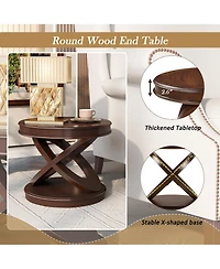 Rainsken X-shape Base Coffee Table - 22" Retro Round Wooden End Table for Living Room, Small Space