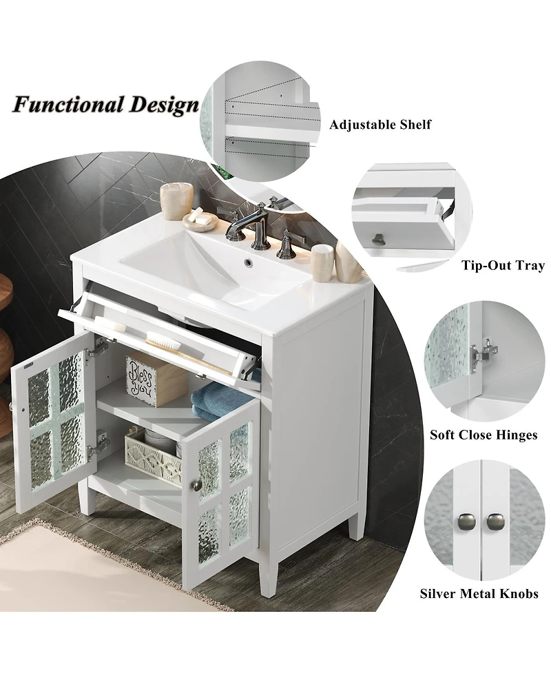 Sillysis 30" Bathroom Vanity with Sink, Modern Solid Wood Cabinet Textured Glass Doors, Flip-Out Tray & Adjustable Shelf