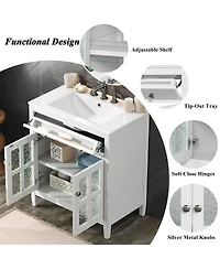Sillysis 30" Bathroom Vanity with Sink, Modern Solid Wood Cabinet Textured Glass Doors, Flip-Out Tray & Adjustable Shelf