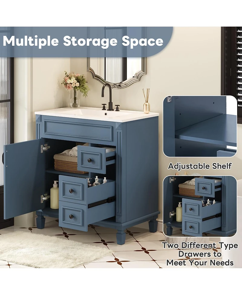 Sillysis 30 Inch Freestanding Bathroom Vanity with Ceramic Sink, French Modern Cabinet, Soft Close Drawers for Small Spaces