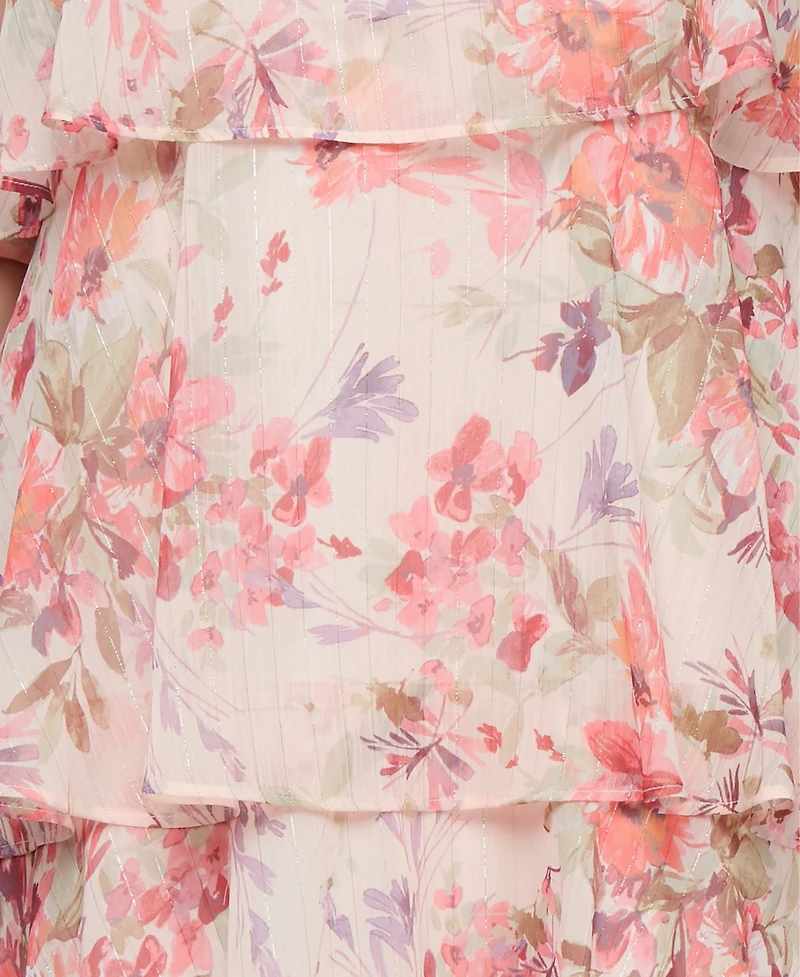 Sl Fashions Petite Crewneck Floral-Print Tiered Midi Dress