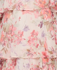 Sl Fashions Petite Crewneck Floral-Print Tiered Midi Dress