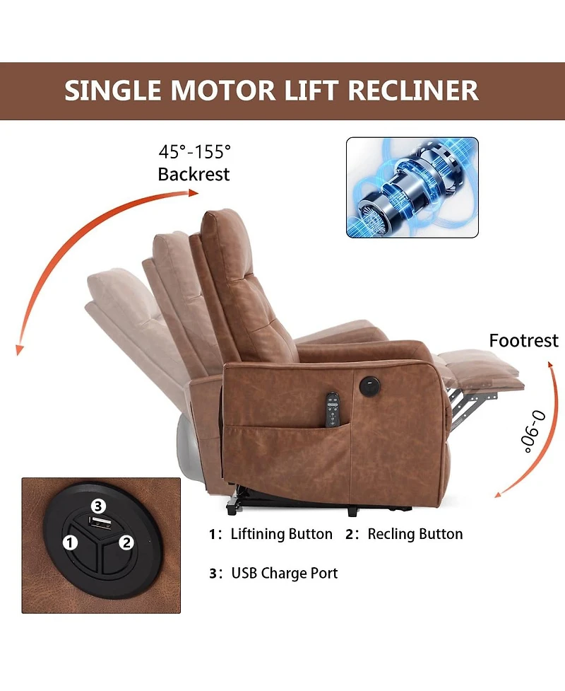 Maison Boucle Pu Leather Lift Chair with Massage & Heat, Power Recliner for Elderly with Usb Port, Remote Control, Heavy Duty Base-Maison Boucle