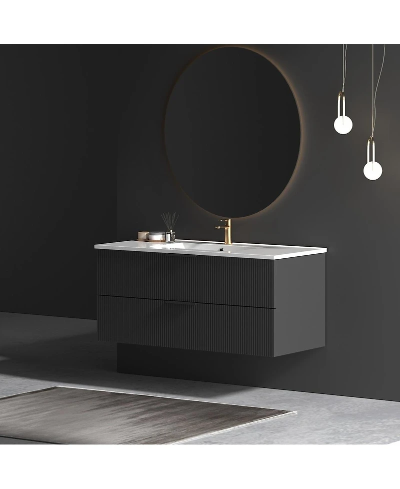 Thirtypeachy 48" Modern Floating Vanity With Ceramic Sink, Black Fluted Wall-Mount Cabinet, 2 Drawers U-Shaped Cutout