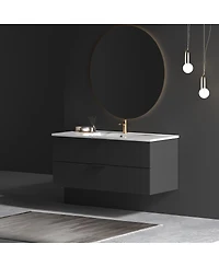 Thirtypeachy 48" Modern Floating Vanity With Ceramic Sink, Black Fluted Wall-Mount Cabinet, 2 Drawers U-Shaped Cutout