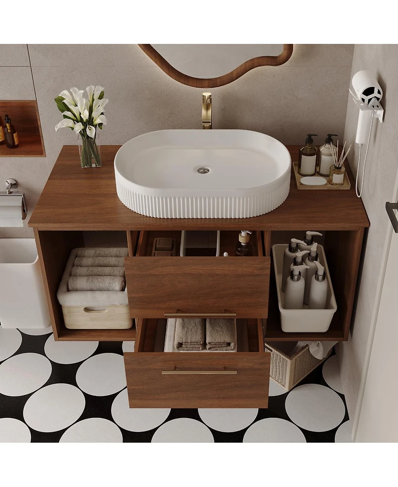 Sillysis 39.4" Wall-Mount Bathroom Vanity with Oval Ceramic Sink, Walnut Solid Wood Floating Cabinet & Soft-Close Drawers