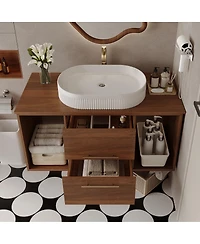 Sillysis 39.4" Wall-Mount Bathroom Vanity with Oval Ceramic Sink, Walnut Solid Wood Floating Cabinet & Soft-Close Drawers