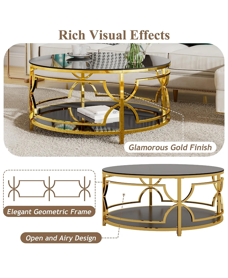 Rainsken Round Tempered Glass Coffee Table, Modern 2-Tier Center Table, Luxurious Geometric Metal Frame for Living Room