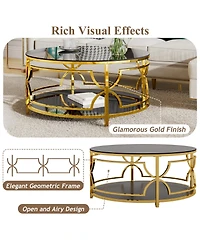 Rainsken Round Tempered Glass Coffee Table, Modern 2-Tier Center Table, Luxurious Geometric Metal Frame for Living Room