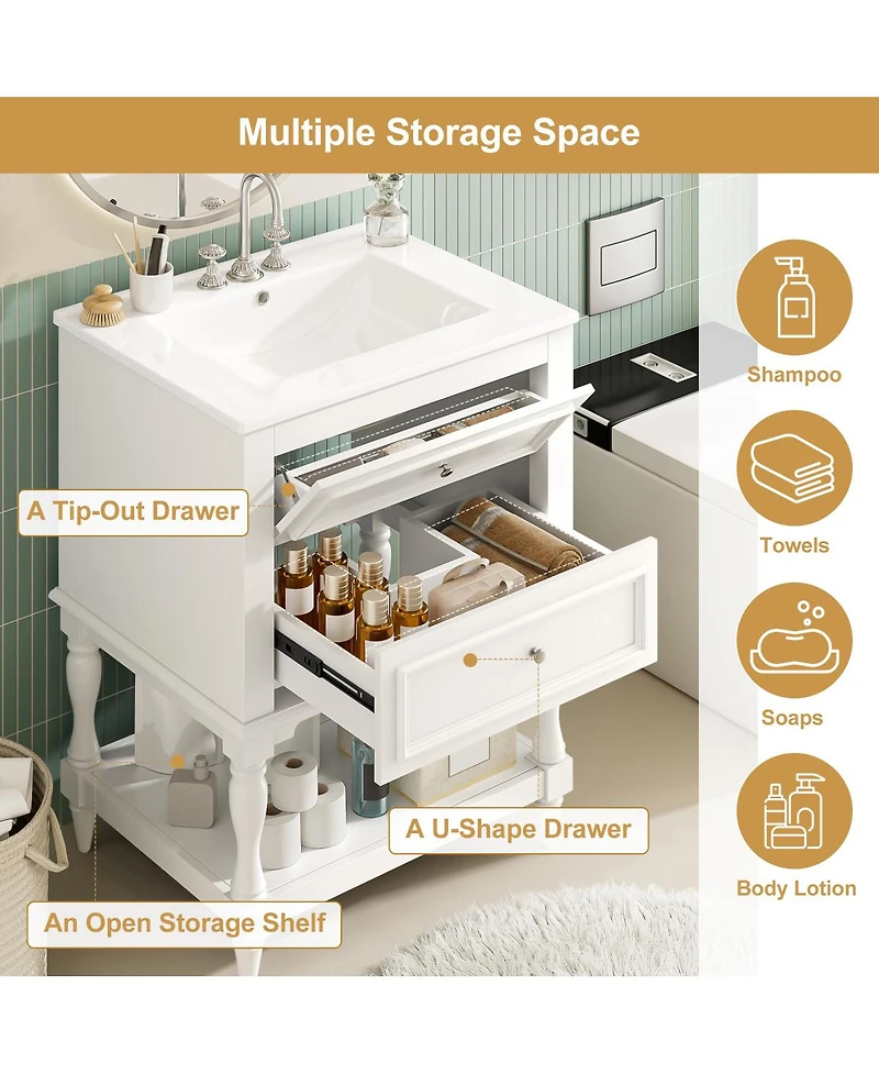 Sillysis 24.4" Retro Freestanding Bathroom Vanity with Sink, Storage Cabinet Open Shelf & Ample Drawers