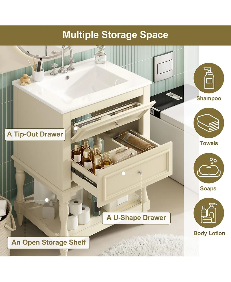Sillysis 24.4" Retro Freestanding Bathroom Vanity with Sink, Storage Cabinet Open Shelf & Ample Drawers