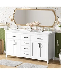 Sillysis 59.3" White Double Sink Bathroom Vanity with Smc Resin Basin, Solid Wood Frame & Soft Close Drawers for Large Bathrooms