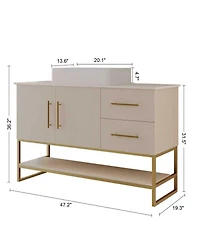 Sillysis 47.2" Bathroom Vanity with Ceramic Vessel Sink, Gold Stainless Steel Frame & Open Shelf, Modern Oak Freestanding Cabinet