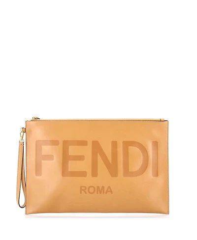 Pre-Owned Fendi Large Logo Flat Wristlet Pouch Embossed Leather