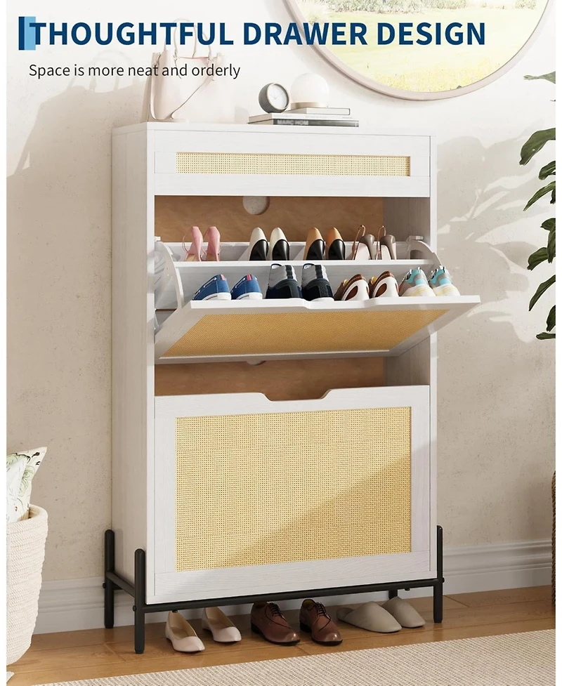 Gaomon Rattan Shoe Cabinet Storage with 2 Flip Drawers & Top Drawer, Freestanding Organizer Wooden Slim Rack Adjustable Shelves