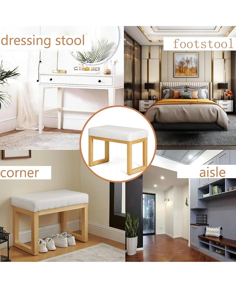Rainsken Upholstered Wooden Ottoman Bench, Shoe Changing Bench, Rustic Entryway Shoe Bench for Bedroom, Living Room