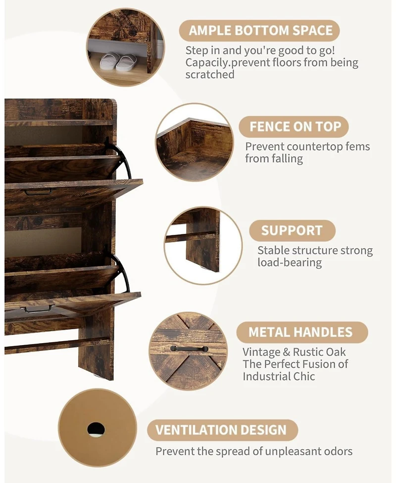 Homfan Slim Entrance Hallway Shoe Rack with 2 Folding Drawers - Adjustable Shelves Metal Legs Modern Space Saving Design Capacity 12-16 Pairs