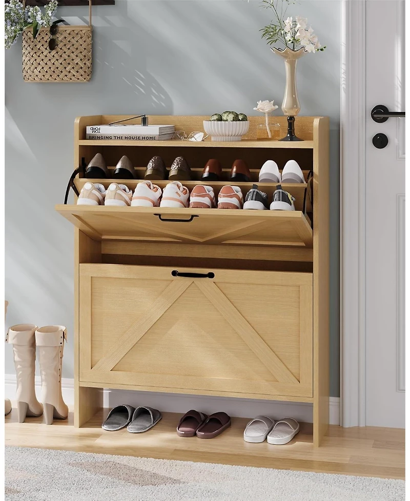 Homfan Slim Entrance Hallway Shoe Rack with 2 Folding Drawers - Adjustable Shelves - Metal Legs - Modern Space Saving Design - Capacity 12-16 Pairs