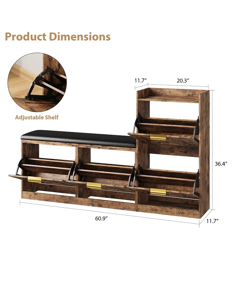 Homfan Farmhouse Entryway Shoe Cabinet with Bench and 4 Flip Drawers, Comfort Cushioned Shoe Storage Bench, Freestanding Shoe Organizer