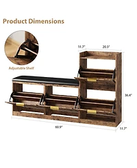 Homfan Farmhouse Entryway Shoe Cabinet with Bench and 4 Flip Drawers, Comfort Cushioned Shoe Storage Bench, Freestanding Shoe Organizer