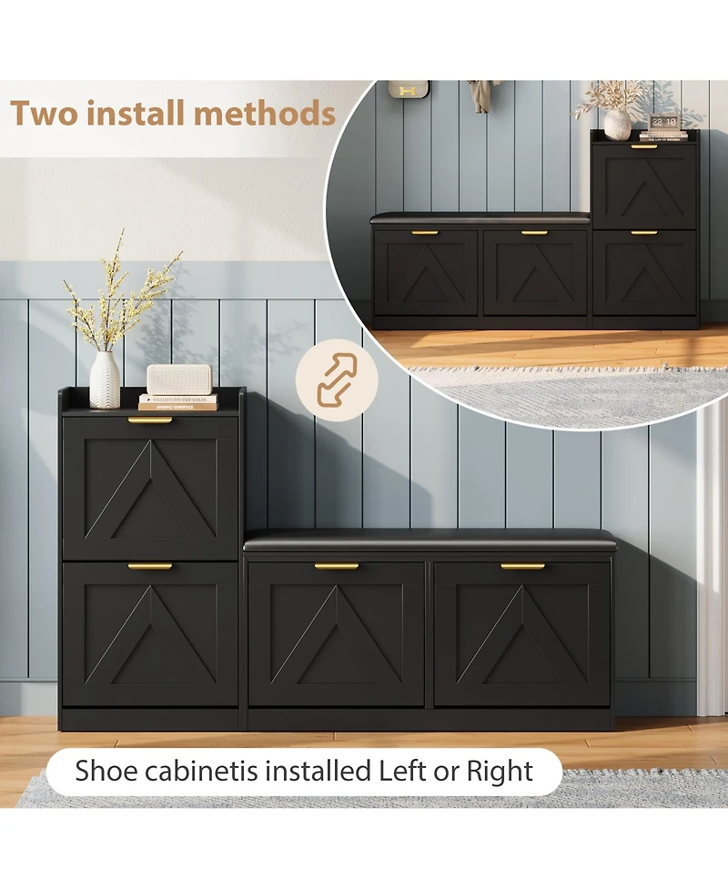 Homfan Farmhouse Entryway Shoe Cabinet with Bench and 4 Flip Drawers, Comfort Cushioned Storage Bench, Freestanding Organizer