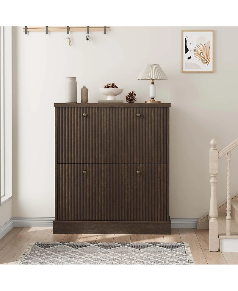 Homfan Fluted Shoe Cabinet with 2 Flip Drawers, Hidden Wooden Adjustable Shelf, Freestanding Storage