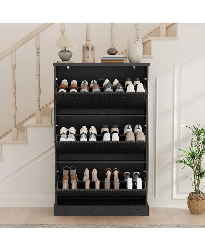 Homfan Fluted Shoe Cabinet Storage with 3 Flip Drawers, Wooden Narrow Organizer Adjustable and Removable Shelves