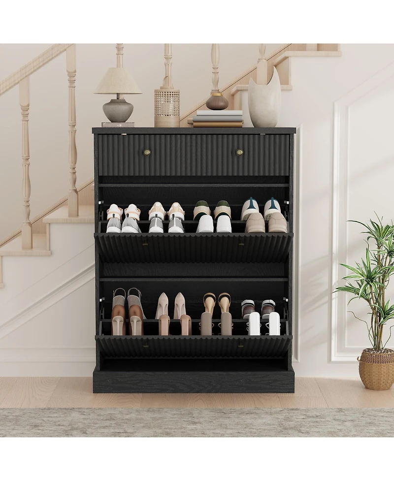 Homfan Fluted Shoe Storage Cabinet with 2 Flip Drawers and Top Drawer, 42" Tall Narrow Organizer, Curved Profile Design