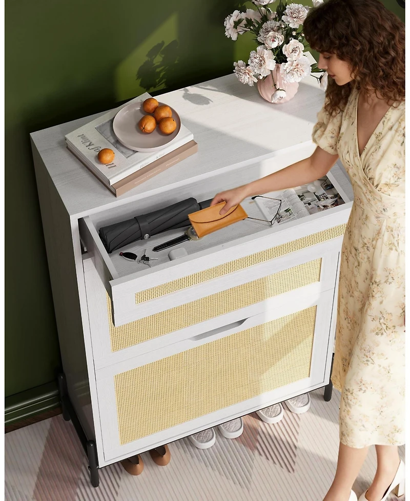 Homfan Rattan Shoe Cabinet Storage with 2 Flip Drawers and Top Drawer, Freestanding Shoe Organizer Wooden Slim Shoe Rack Storage
