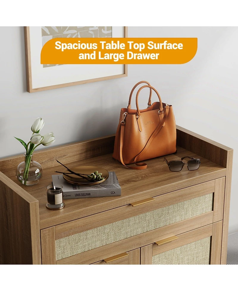 Homfan 2Pcs Modern Rattan Shoe Cabinet With Storage,32'' Boho Style Shoe Organizer Storage Cabinet With Shelves and Doors,Wooden Shoe Rack Cabinet