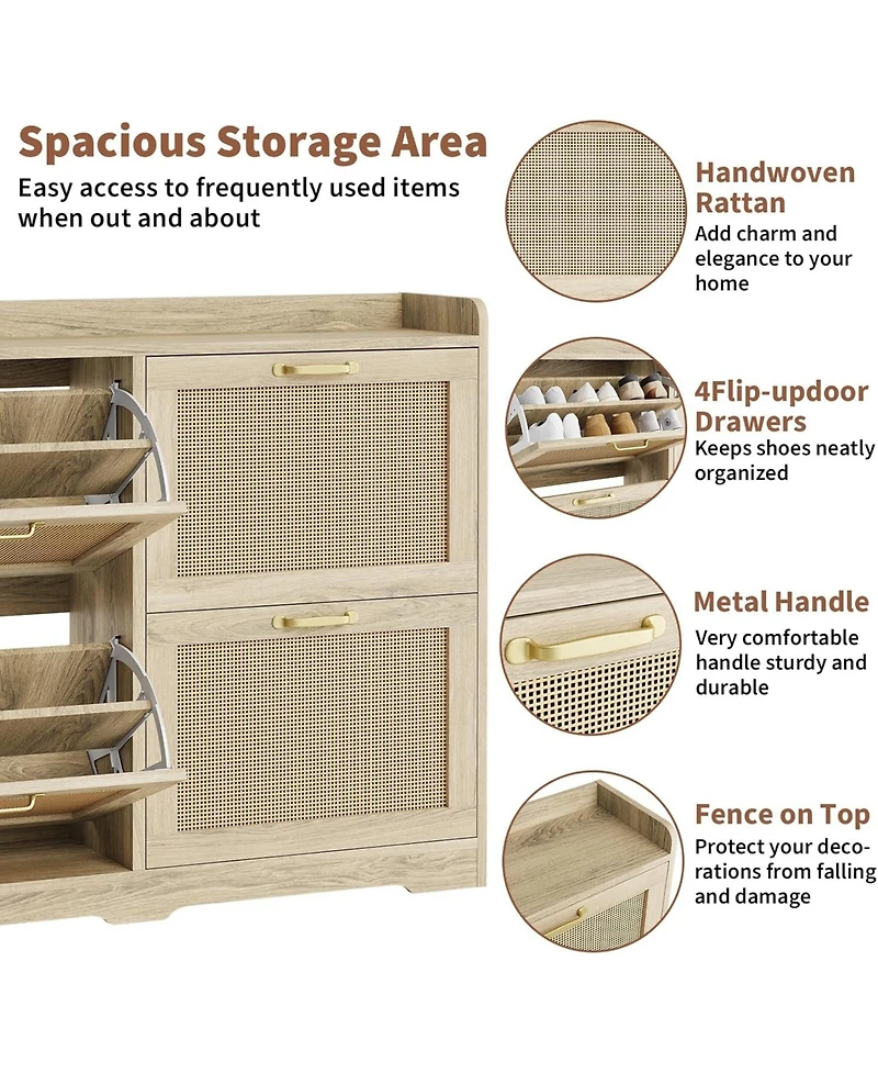 Homfan Rattan Shoe Cabinet with 4 Flip Drawers, Hidden Wood Shoe Storage Organizer Cabinet, Wide Freestanding Breathable Shoe Rack Cabinet
