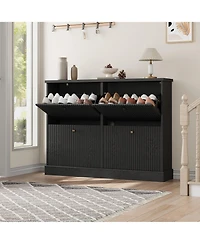 Homfan Shoe Cabinet with 4 Flip Drawers,Freestanding Adjustable Shelves and Thicken Top, Fluted Design, Wooden Narrow Organizer