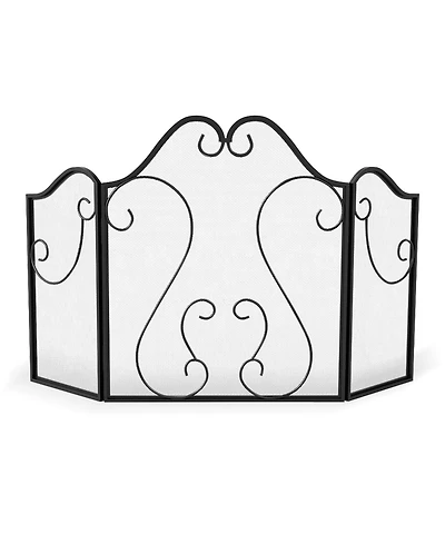 Sugift Three Panel Fireplace Screen Foldable Spark Guard with Scrollwork