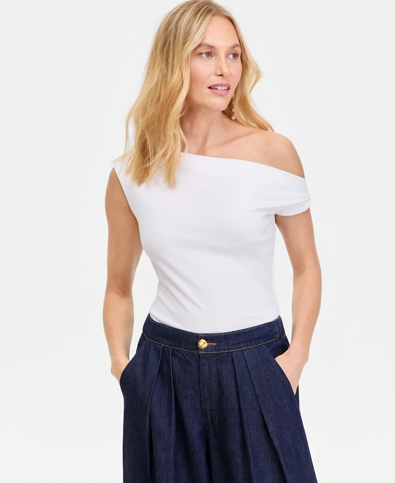 I.n.c. International Concepts Women's Sleeveless Rib Knit Asymmetric Neckline Top