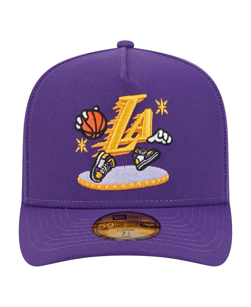 New Era Men's Purple Los Angeles Lakers Injection Cartoon Logo A-Frame 59FIFTY Fitted Hat