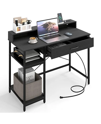 Sugift Computer Desk with Power Outlets Hutch Drawer and Open Shelves