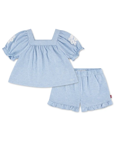 Levi's Girls' Toddler 2T-4T Peasant Top and Shorts, 2-Piece Set