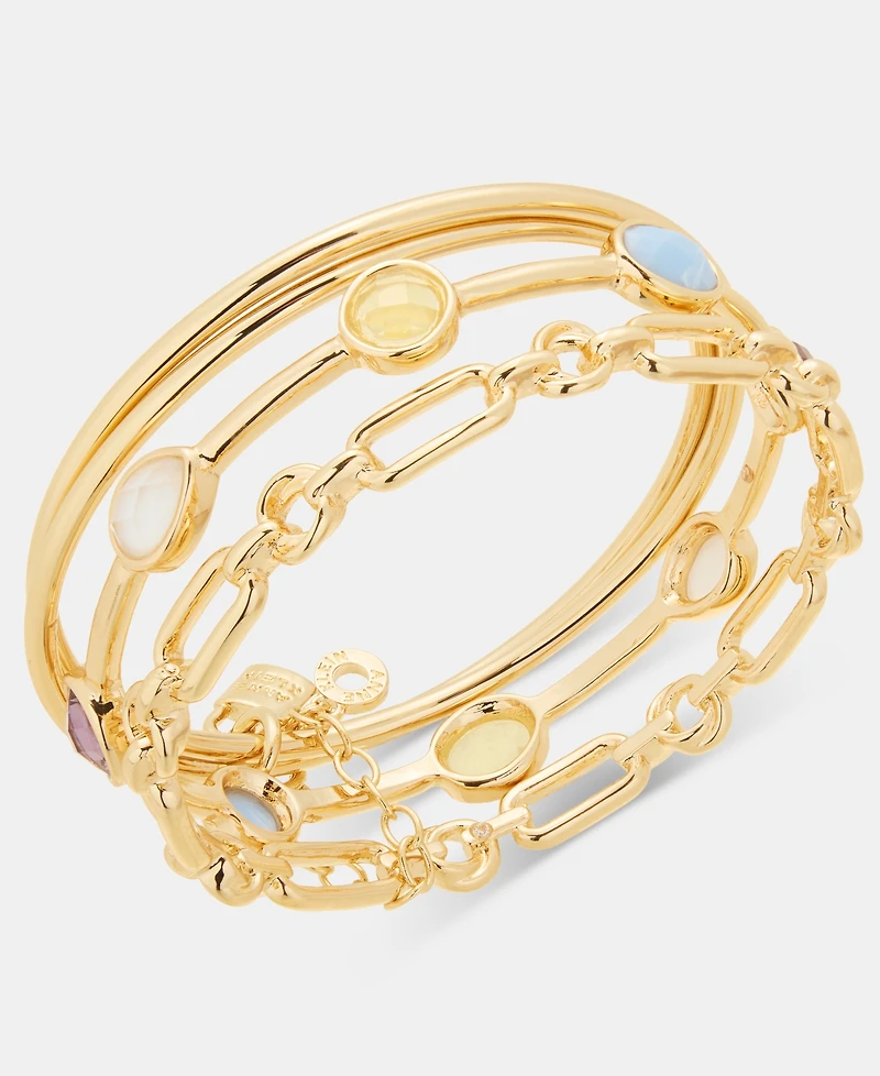 Anne Klein Gold-Tone Stone Locket Bangle Bracelets, Set of 3